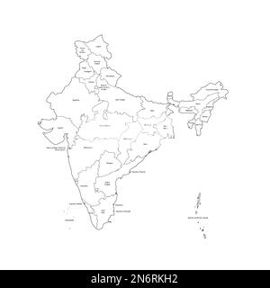 India carta politica delle divisioni amministrative - stati e teritorri sindacali. Mappa di stile doodle disegnata a mano con bordi di contorno neri ed etichette di nome. Illustrazione Vettoriale