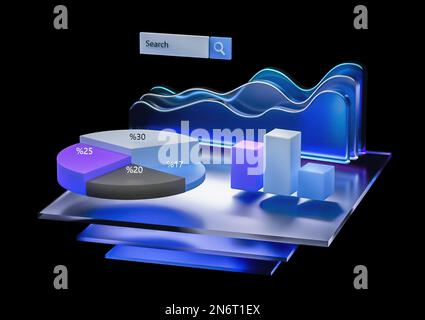 3D illustrazione minimalista con grafico aziendale e dati analitici isometrici. Statistiche e dati online analisi. Isolato su sfondo nero Foto Stock