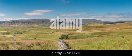 Una vista panoramica verso Mickle cadde dalla strada di Alston, prendendo in tutta la Cronkley Scar e parte della Widdybank Farm. Foto Stock