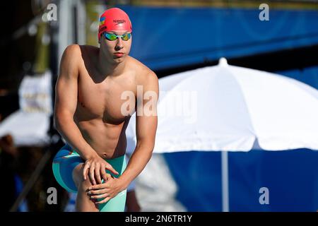 Roma, Italia, 15 agosto 2022. Volodymyr Lisovet's of Ukraine reagisce durante il LEN European Aquatics Championships 2022 allo Stadio del Nuoto di Roma. Agosto 15, 2022. Credito: Nikola Krstic/Alamy Foto Stock