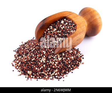 Semi di quinoa in paletta di legno, isolati su fondo bianco. Mix di quinoa bianca, rossa e nera Foto Stock