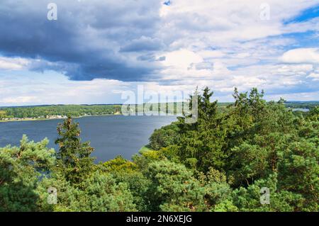 Vista di Cracovia am See. Laghi paesaggio con fitte foreste sulla riva. Località di villeggiatura in germania. Foto natura Foto Stock