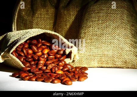 Sacchi di Hessian pieni di chicchi di caffè arrostiti che fuoriescono da un sacco aperto Foto Stock