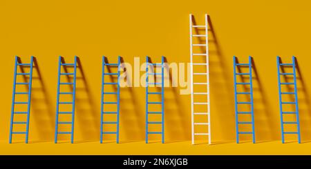 Serie o fila di scale con una più lunga delle altre contro sfondo giallo parete, successo aziendale, carriera o concetto in piedi, 3D illustra Foto Stock