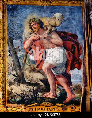 Cristo che porta un Agnello, l'agnello o la pecora sulle spalle del buon Pastore è un simbolo dell'anima del defunto portato dal Signore in cielo Museo Diocesano di Arte Sacra di Arezzo,Museo delle Belle Arti, Italia, Italiano, Foto Stock