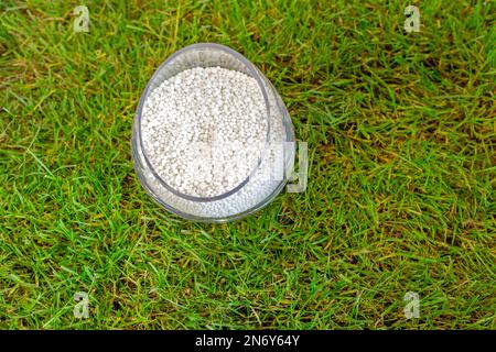 Fertilizzante a base di nitrato d'ammonio in vetro all'erba per l'agricoltura Foto Stock