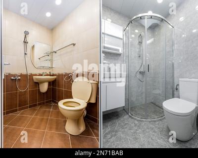 Bagno ristrutturato di un vecchio bagno in un bagno moderno Foto Stock