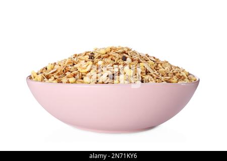Ciotola con muesli freschi su fondo bianco Foto Stock