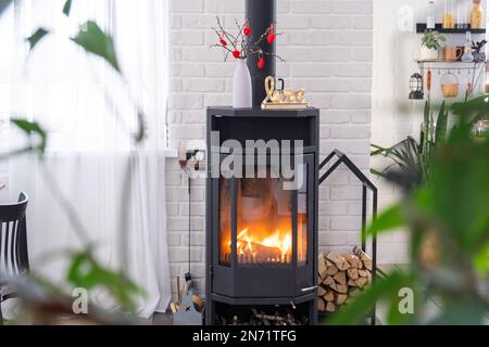 Decorazioni di San Valentino vicino a stufa con camino e legna da ardere. Accogliente casa cuore in interni con vaso piani, giorno di San Valentino in famiglia amore nido. Foto Stock