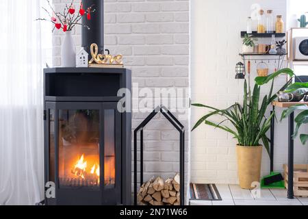 Decorazioni di San Valentino vicino a stufa con camino e legna da ardere. Accogliente casa cuore in interni con vaso piani, giorno di San Valentino in famiglia amore nido. Foto Stock