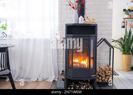 Decorazioni di San Valentino vicino a stufa con camino e legna da ardere. Accogliente casa cuore in interni con vaso piani, giorno di San Valentino in famiglia amore nido. Foto Stock