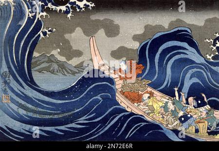 Utagawa Kuniyoshi. Dipinto intitolato 'Biografia illustrata con ponte del Grande Fondatore [Nichiren]: Nelle onde a Kakuda in rotta verso l'isola di Sado' di Utagawa Kuniyoshi (1798-1861), stampa in legno, inchiostro e colore su carta, c. 1835 Foto Stock