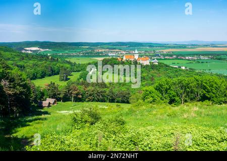 Smolenice (Smolenitz), Smolenice (Smolenitz) castello, ricostruzione di case dal periodo Hallstatt collina insediamento Smolenice-Molpír a Male Karpaty (piccoli Carpazi), Slovacchia Foto Stock