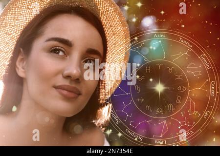 Bella giovane donna e illustrazione di ruota zodiacale con segni astrologici su sfondo a colori Foto Stock