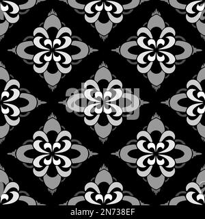 motivo simmetrico senza cuciture di forme geometriche grigie astratte su sfondo nero, texture Foto Stock