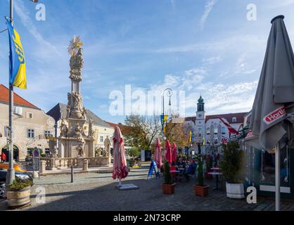 Neunkirchen, piazza Hauptplatz, colonna della Trinità, Municipio nelle Alpi di Vienna, bassa Austria, Austria Foto Stock