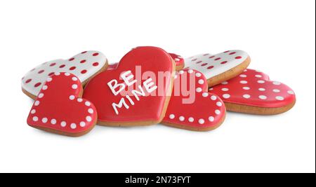 Deliziosi biscotti a forma di cuore su sfondo bianco. San Valentino Foto Stock