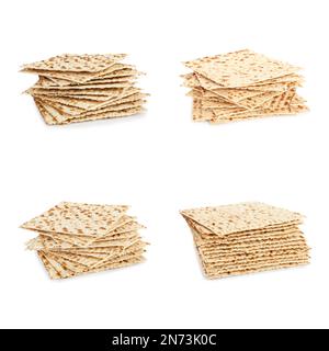 Impostato con Passtover matzos su sfondo bianco. Festa di Pesach Foto Stock