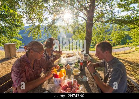 Vosges (Vogesen) Montagne, famiglia a pick-nick tavola mangiare in Alsazia (Elsass), Alto Reno (Oberelsass), Francia Foto Stock