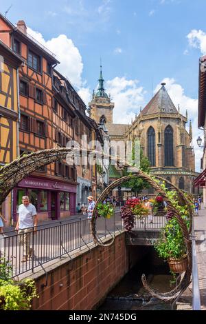 Colmar (Colmer, Kolmar), la collégiale Saint-Martin (chiesa collegiata di Saint-Martin) nel centro storico, Rue de l'Eglise, torrente Mühlbach in Alsazia (Elsass), Alto Reno (Oberelsass), Francia Foto Stock