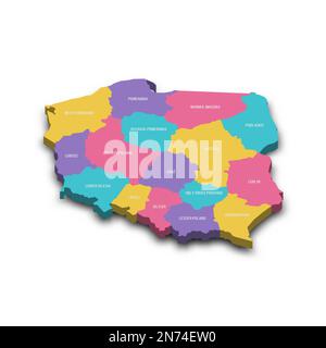 Polonia carta politica delle divisioni amministrative - voivodeships. Mappa vettoriale 3D colorata con ombreggiatura e etichette con il nome del paese. Illustrazione Vettoriale