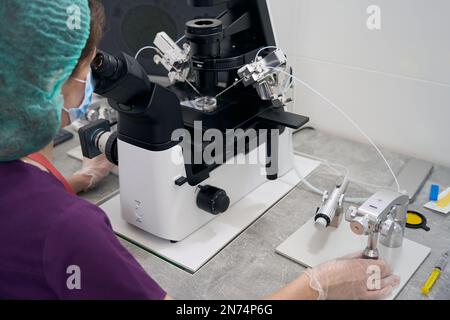 Medico al microscopio con micromanipolatore effettua la fecondazione dell'uovo Foto Stock