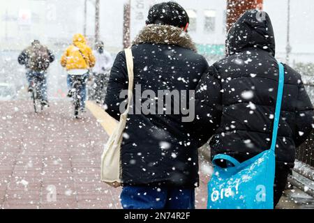 Tokyo, Giappone. 24th Jan, 2023. Le persone camminano nella neve in una stazione terminale nel centro di Tokyo. (Credit Image: © James Matsumoto/SOPA Images via ZUMA Press Wire) SOLO PER USO EDITORIALE! Non per USO commerciale! Foto Stock