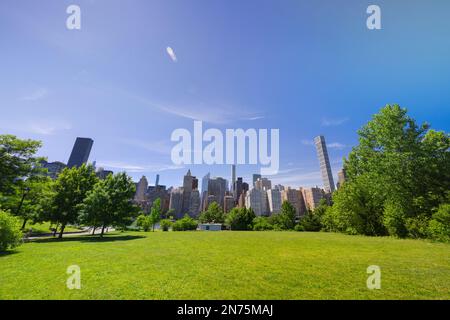 Il grattacielo di Midtown Manhattan si erge dietro il verde fresco di Roosevelt Island. Foto Stock