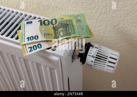 300 euro, banconote varie, livello di impostazione del termostato del radiatore 3 ca. 2ö°C., immagine simbolo, tariffa fissa, costi energetici, costi di riscaldamento in aumento, Foto Stock