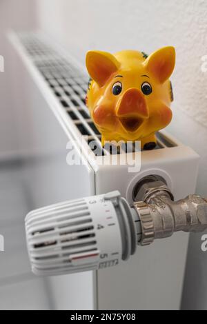 Banco di piggy giallo sul radiatore, immagine simbolo, risparmio energetico, aumento dei costi di riscaldamento, Foto Stock