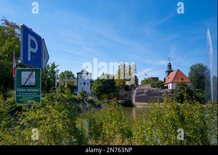 Germania, Assia, Dreieichenhain, centro storico di Dreieichenhain, castello di Hayn, Rovine del castello a Dreieichenhain, stagno del castello Foto Stock