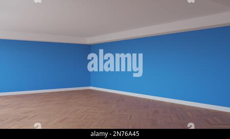 Angolo del Blue interno con un soffitto bianco e cornicione, pavimento in parquet a spina di pesce lucido e un Plint bianco. Camera non arredata. 3D illus Foto Stock