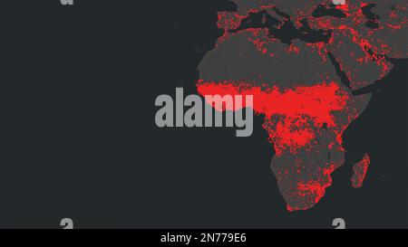 Dresda, Germania - 2 febbraio 2023: Mappa dell'Africa su NASA AZIENDE satellite wildFire Detection servizio che mostra gli incendi come punti rossi. Concetto di globale Foto Stock