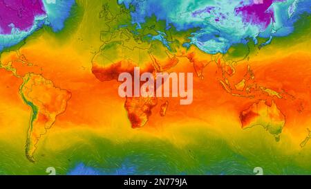 Dresda, Germania - 2 febbraio 2023: Mappa del mondo sul servizio web Windy Weather che mostra le ondate di caldo globale di temperatura estrema alta nell'emisfero meridionale. Foto Stock