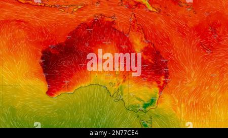 Dresda, Germania - 2 Febbraio 2023: Mappa dell'Australia su Windy Weather web service che mostra le ondate di calore globale di temperature estremamente alte nell'emiemo meridionale Foto Stock