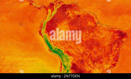 Dresda, Germania - 2 Febbraio 2023: Mappa dell'America Centrale e del Sud su Windy Weather web service che mostra le ondate di calore globale di temperature estremamente alte Foto Stock