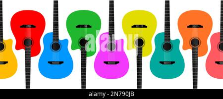 Chitarre colorate in fila su sfondo bianco, stile piatto musicale orizzontale sfondo vettoriale. Illustrazione Vettoriale