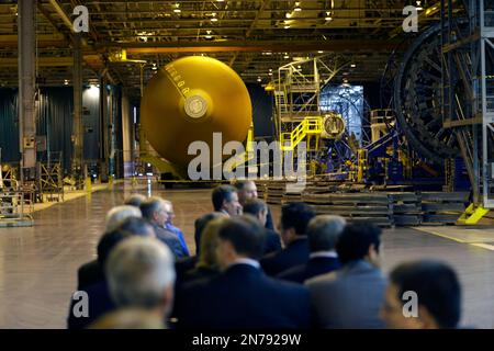 An external fuel tank from the former Space Shuttle program is seen at