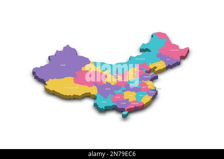 Cina mappa politica delle divisioni amministrative - province, regioni autonome e comuni. Mappa vettoriale 3D colorata con ombreggiatura e etichette con il nome del paese. Illustrazione Vettoriale