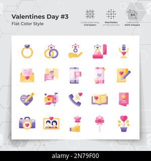 Le icone del giorno di San Valentino si presentano in uno stile di colore piatto con regali di nozze e chat a tema. Una collezione di simboli vettoriali di amore e romanticismo per San Valentino Illustrazione Vettoriale