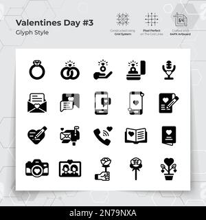 Le icone di San Valentino in stile glyph nero riempiono con i regali di nozze e la chat a tema. Una collezione di simboli vettoriali di amore e romanticismo per San Valentino Illustrazione Vettoriale