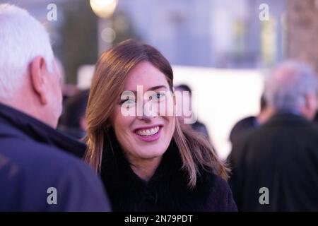 Roma, Italia. 10th Feb, 2023. Maria Elena boschi partecipa al rally di chiusura della campagna elettorale per le elezioni della Regione Lazio nel quartiere di Garbatella di Roma (Credit Image: © Matteo Nardone/Pacific Press via ZUMA Press Wire) SOLO PER USO EDITORIALE! Non per USO commerciale! Credit: ZUMA Press, Inc./Alamy Live News Foto Stock