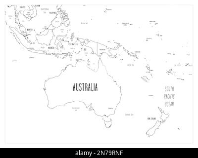 Mappa politica di Australia e Oceania. Contorno nero cartoni animati disegnati a mano mappa illustrata con batimetria. Etichette manoscritte di nomi di paesi, capitali, mare e oceano. Semplice mappa vettoriale piatta. Illustrazione Vettoriale