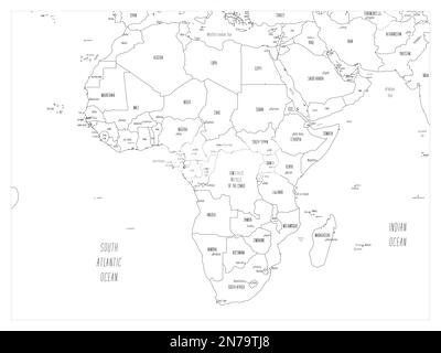 Mappa politica dell'Africa. Contorno nero cartoni animati disegnati a mano mappa illustrata con batimetria. Etichette manoscritte di nomi di paesi, capitali, mare e oceano. Semplice mappa vettoriale piatta. Illustrazione Vettoriale