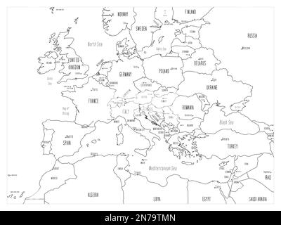 Mappa politica dell'Europa continentale. Contorno nero cartoni animati disegnati a mano mappa illustrata con batimetria. Etichette manoscritte di nomi di paesi, capitali, mare e oceano. Semplice mappa vettoriale piatta. Illustrazione Vettoriale