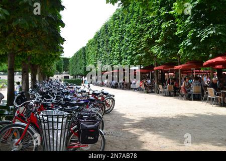 Viale alberato a Parigi con persone che si godono di mangiare all'aperto. Foto Stock