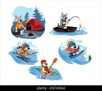 wolf set illustrazione vettoriale con sfondo, surf, nautica, pattinaggio Illustrazione Vettoriale