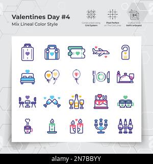 Le icone del giorno di San Valentino, disposte in colori di linea, riempiono lo stile con i viaggi di vacanza e la cena a tema. Una collezione di amore e romanticismo per San Valentino Illustrazione Vettoriale