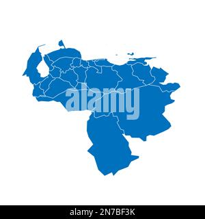 Venezuela mappa politica delle divisioni amministrative - stati, distretto della capitale e dipendenze federali. Mappa vettoriale vuota in blu pieno con bordi bianchi. Illustrazione Vettoriale