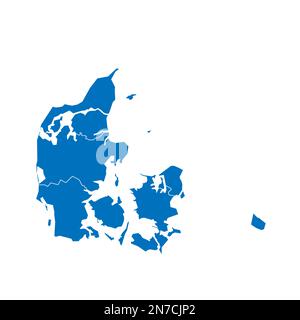 Danimarca carta politica delle divisioni amministrative - regioni. Mappa vettoriale vuota in blu pieno con bordi bianchi. Illustrazione Vettoriale